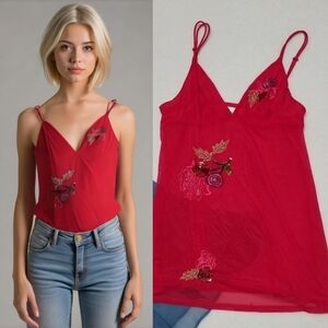 Vintage Victoria's Secret Red Floral Sequin V-neck Sheer Stretchy Babydoll Top M